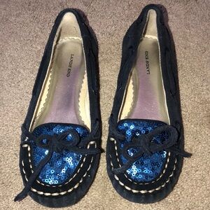Lands End Holiday Girls toddlers size 11 Sequins Suede Loafers Navy Blue‎